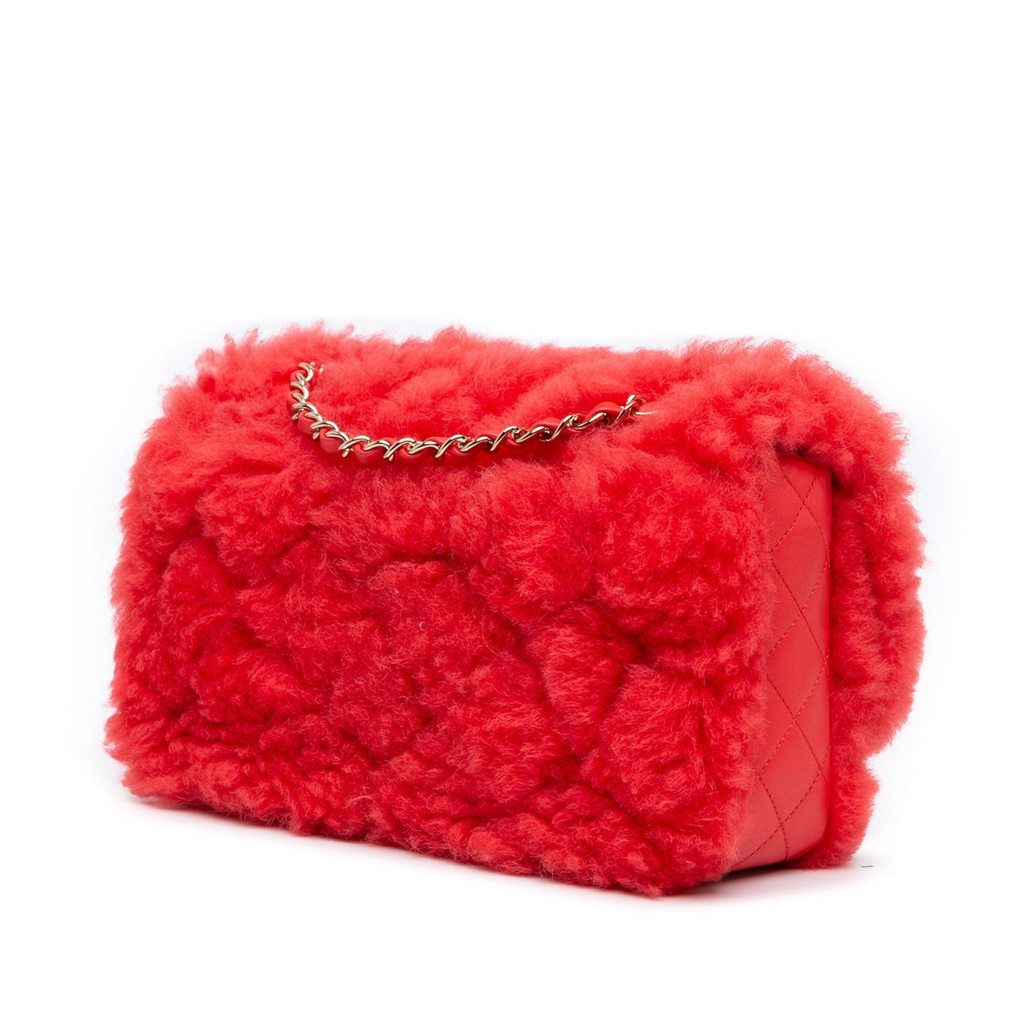 Red Chanel CC Faux Fur and Quilted Lambskin Single Flap Crossbody Bag