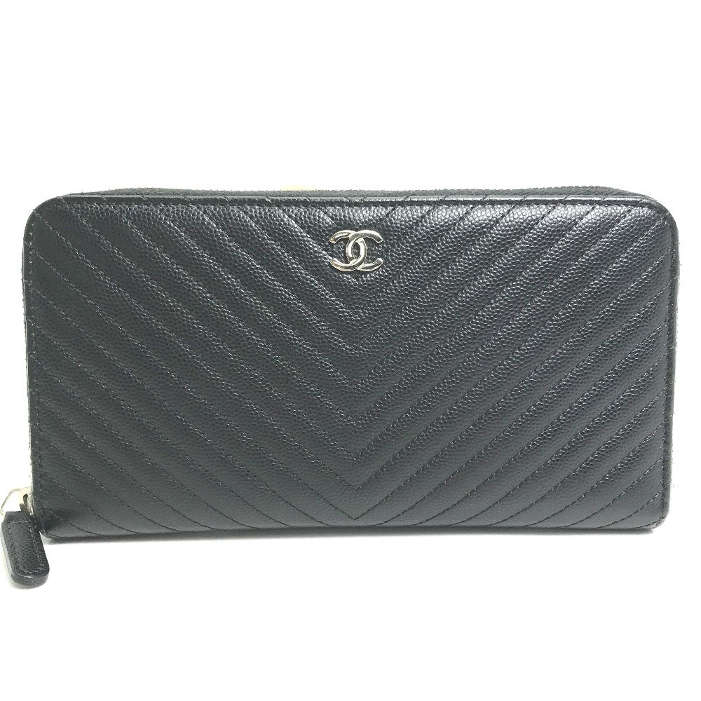 CHANEL Long Wallet Purse A50097 Caviar skin black CC COCO Mark Vstitch quilting Women Used