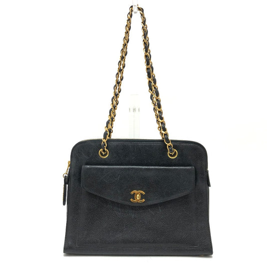 CHANEL Shoulder Bag Caviar skin black vintage COCO Mark CC