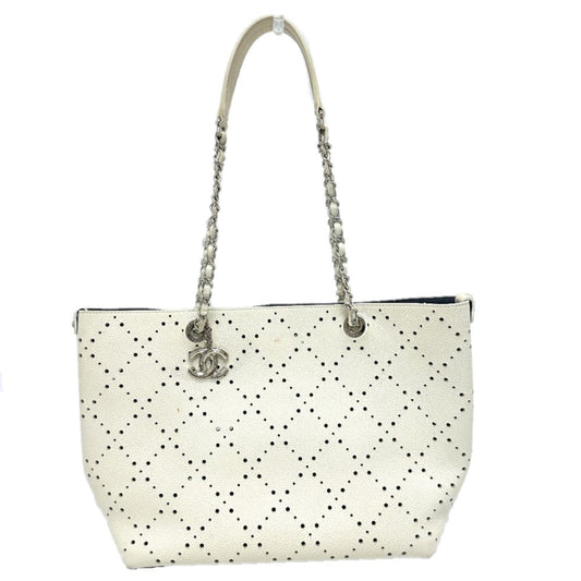 CHANEL Tote Bag Soft caviar skin white COCO Mark CC Charm Matelasse punching Women Used