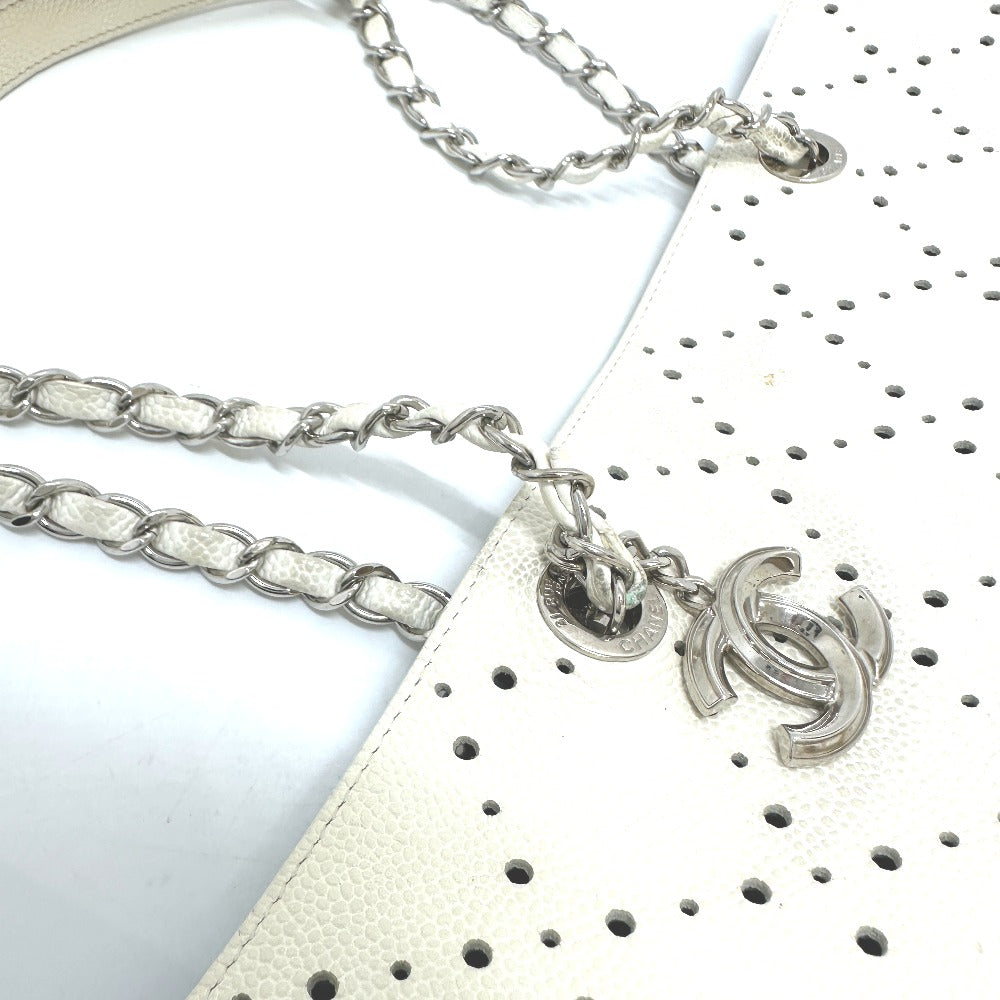CHANEL Tote Bag Soft caviar skin white COCO Mark CC Charm Matelasse punching Women Used