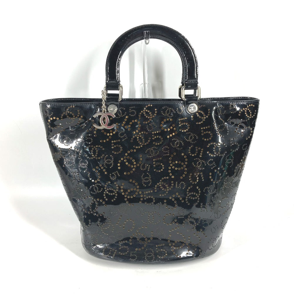 CHANEL Tote Bag Patent leather black punching logo CC COCO Mark NO5