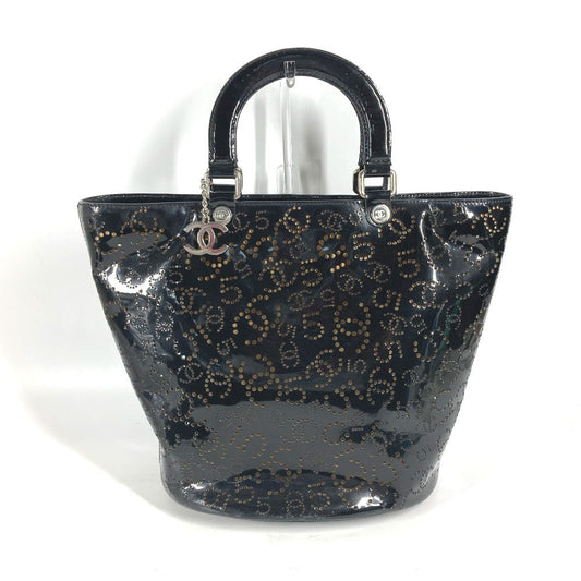 CHANEL Tote Bag Patent leather black punching logo CC COCO Mark NO5