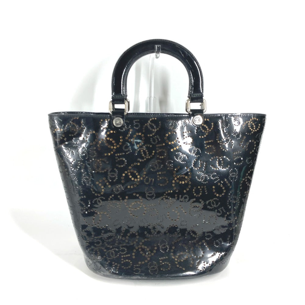 CHANEL Tote Bag Patent leather black punching logo CC COCO Mark NO5
