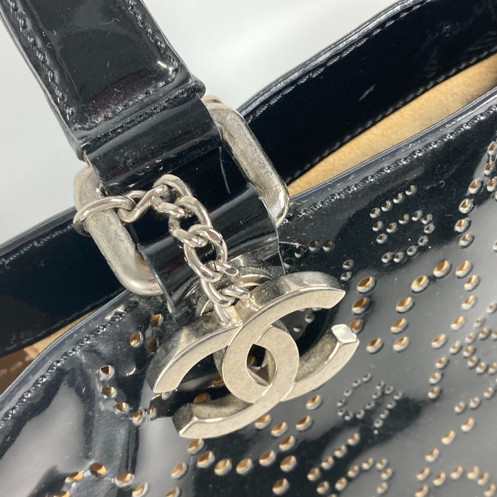 CHANEL Tote Bag Patent leather black punching logo CC COCO Mark NO5