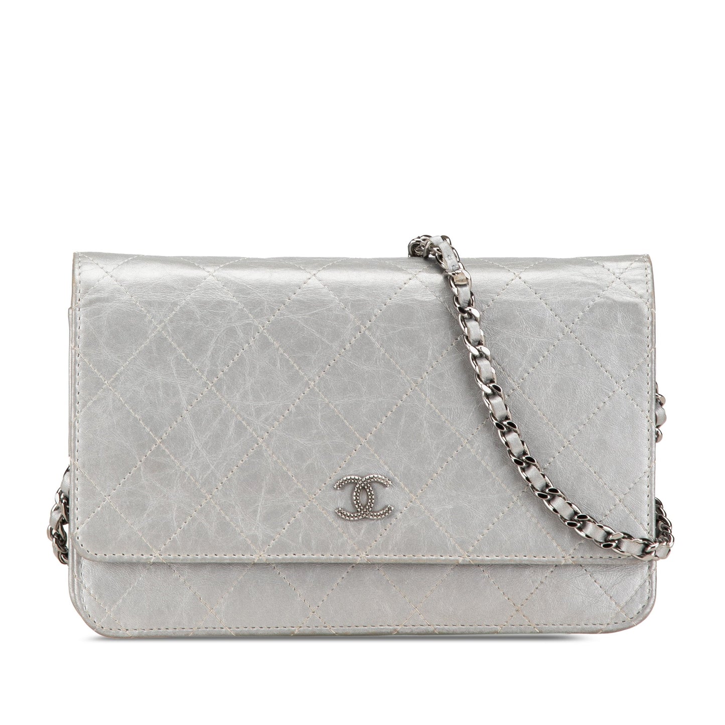 Silver Chanel CC Quilted Aged Calfskin Wallet On Chain Crossbody Bag