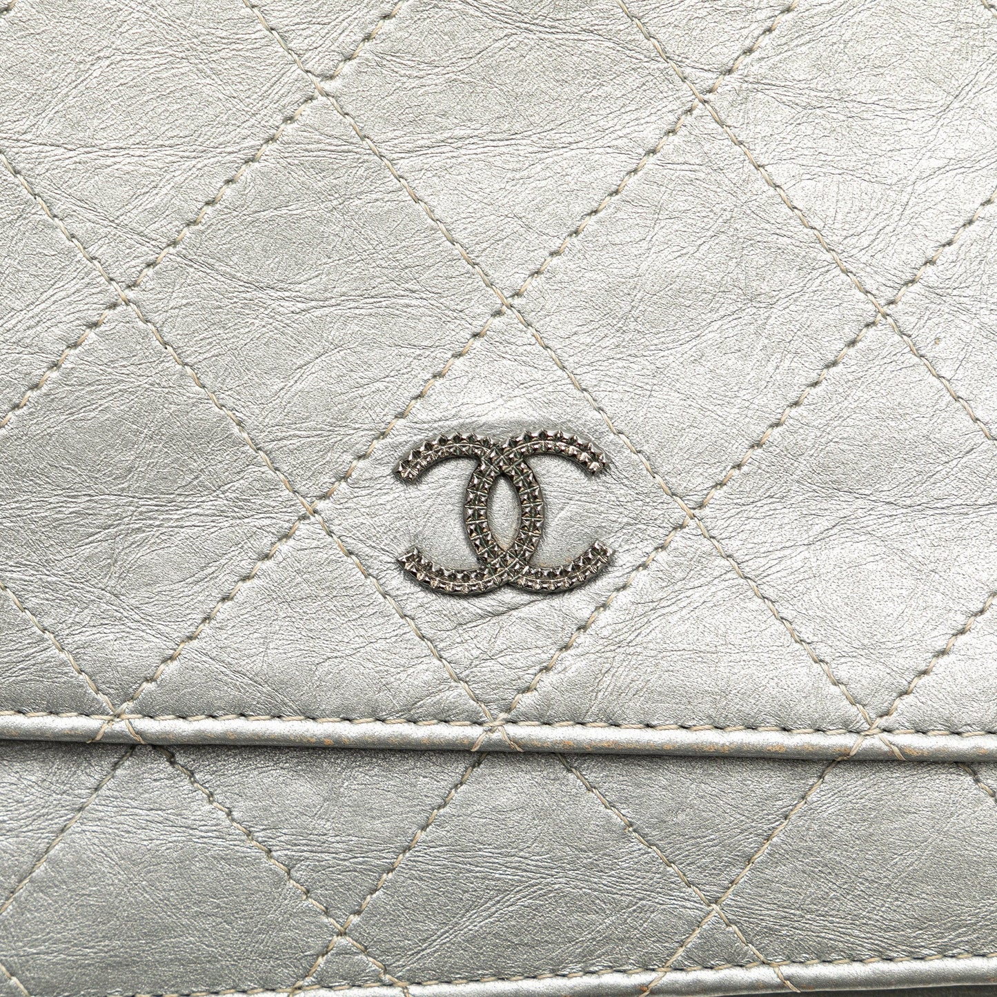 Silver Chanel CC Quilted Aged Calfskin Wallet On Chain Crossbody Bag