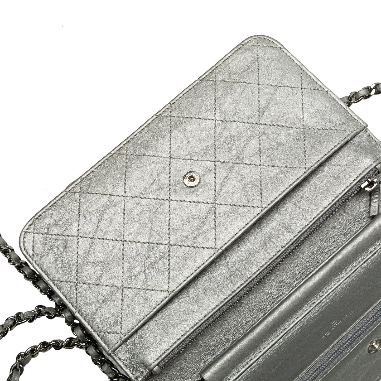 Silver Chanel CC Quilted Aged Calfskin Wallet On Chain Crossbody Bag