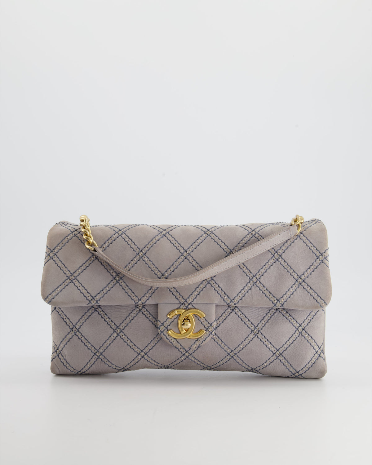 Chanel Powder Grey Suede Quilted Flap Bag with Gold Hardware