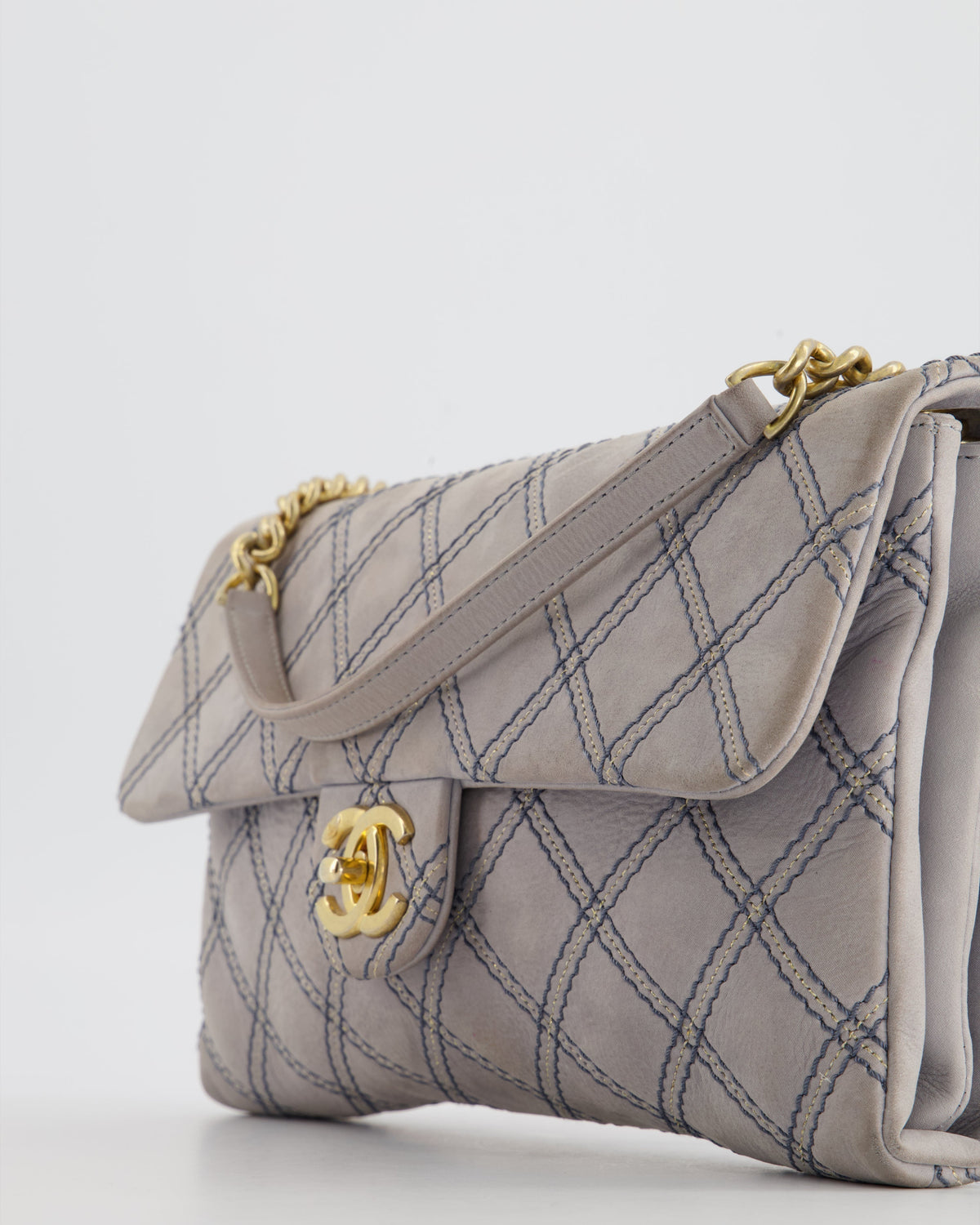 Chanel Powder Grey Suede Quilted Flap Bag with Gold Hardware
