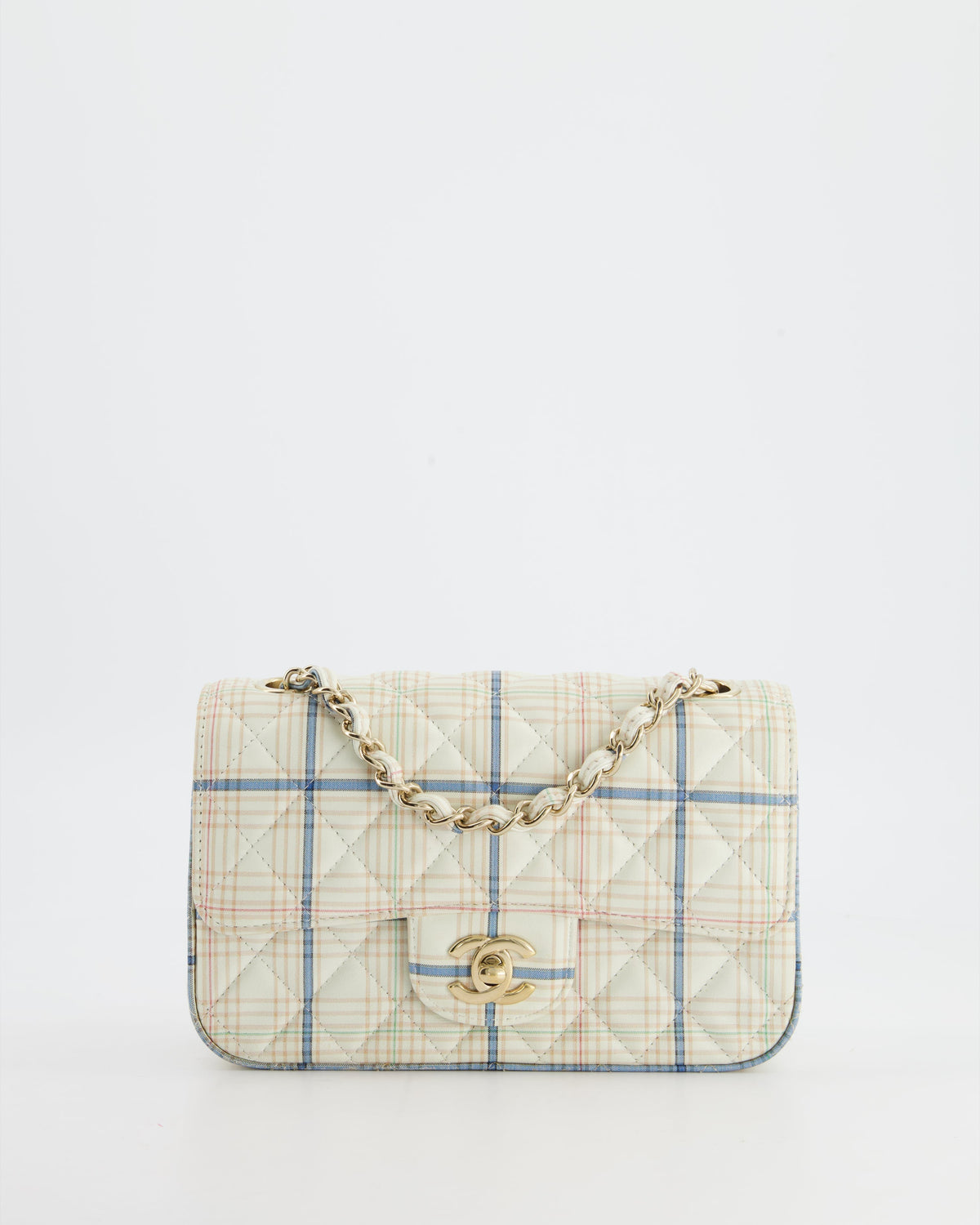 Chanel White Checked Lambskin Mini Flap Bag with Champagne Gold Hardware
