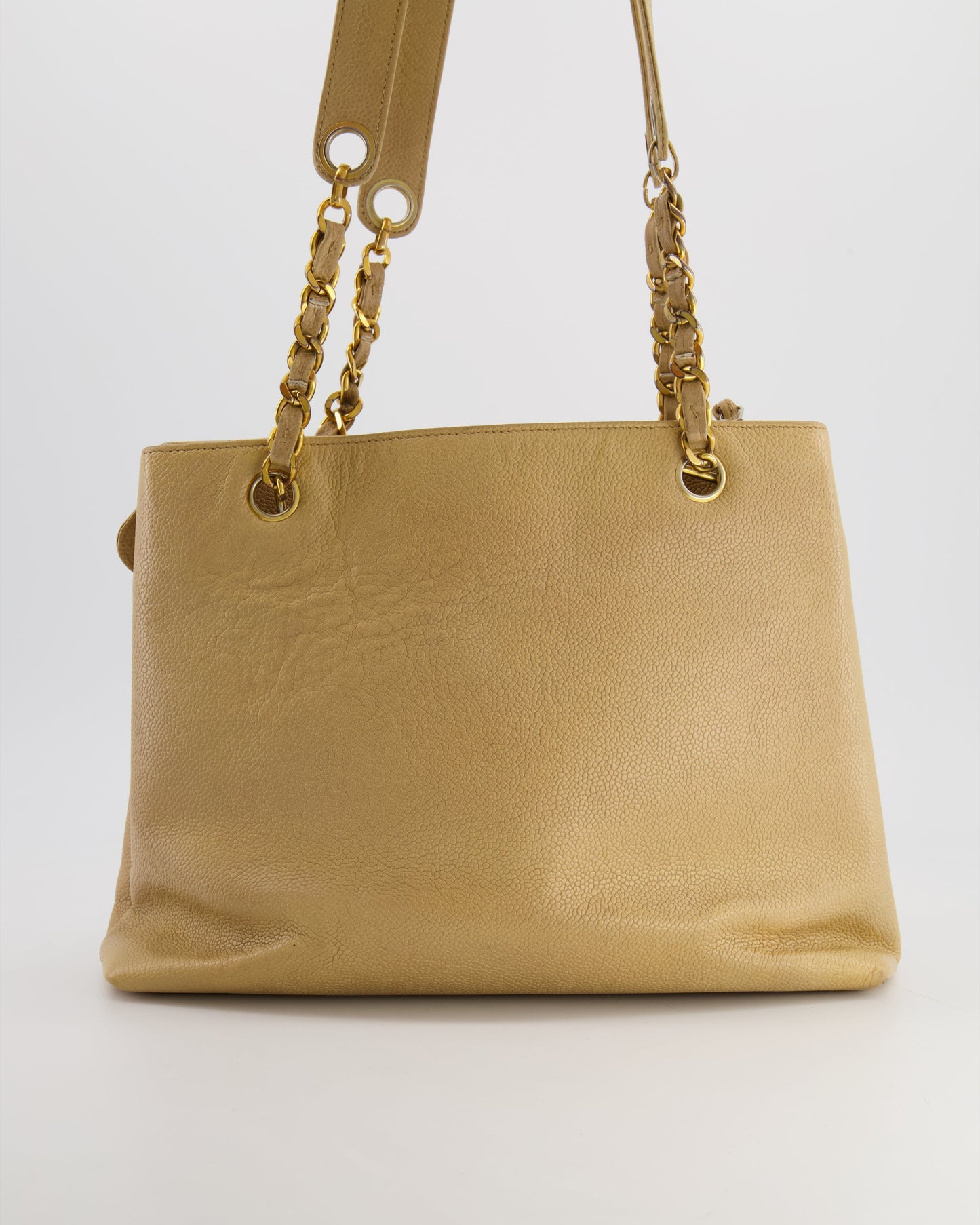 Chanel Vintage Beige Caviar CC Logo Tote Bag with 24k Gold Hardware