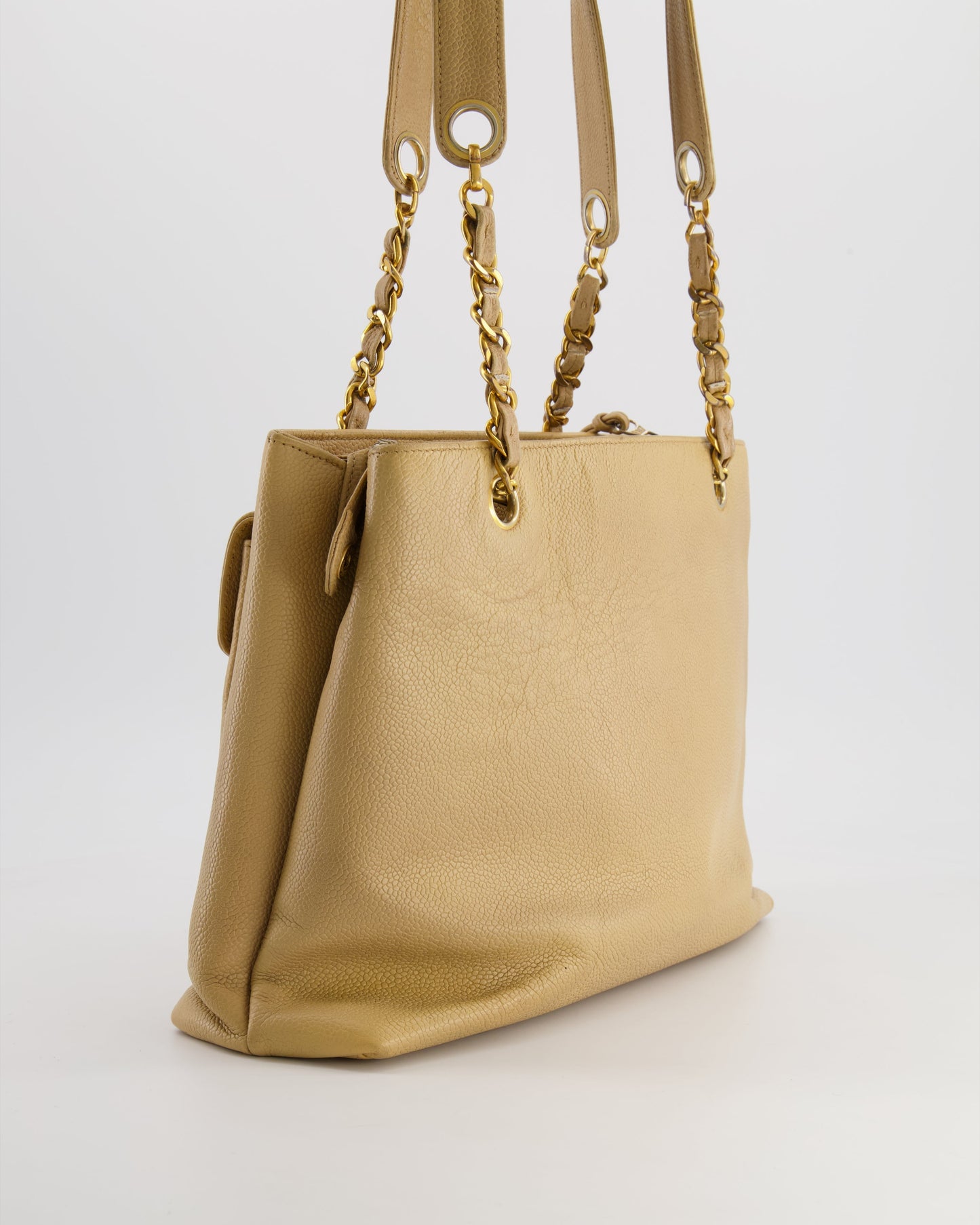 Chanel Vintage Beige Caviar CC Logo Tote Bag with 24k Gold Hardware
