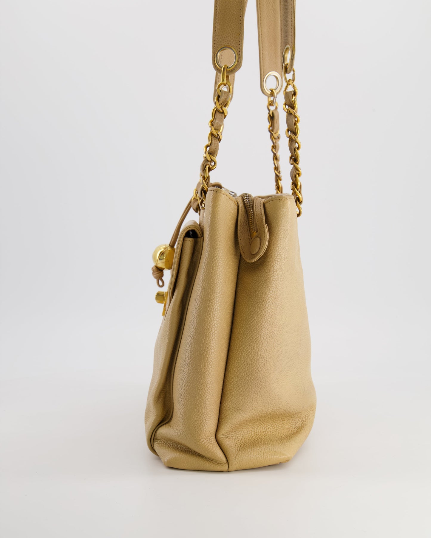 Chanel Vintage Beige Caviar CC Logo Tote Bag with 24k Gold Hardware