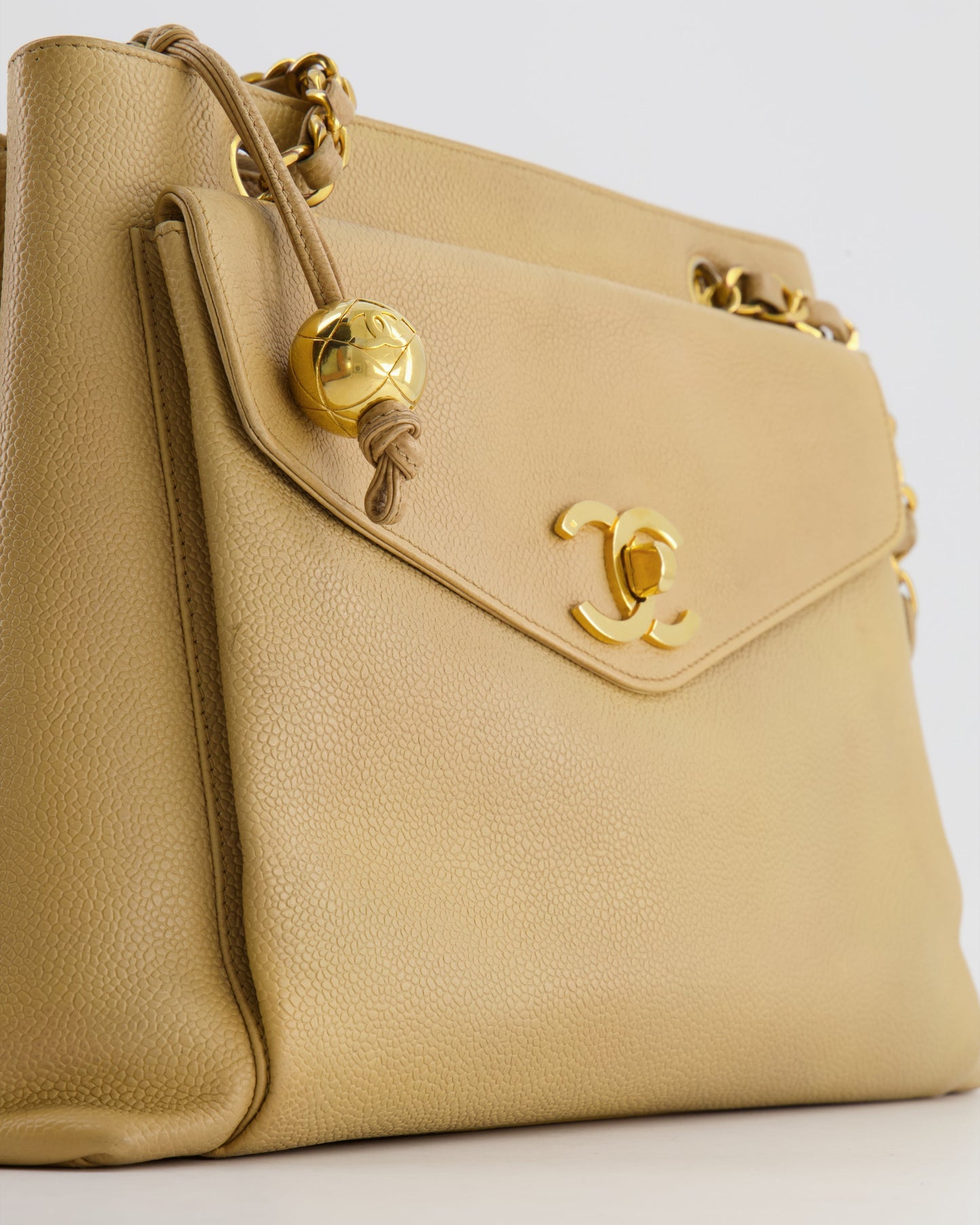 Chanel Vintage Beige Caviar CC Logo Tote Bag with 24k Gold Hardware