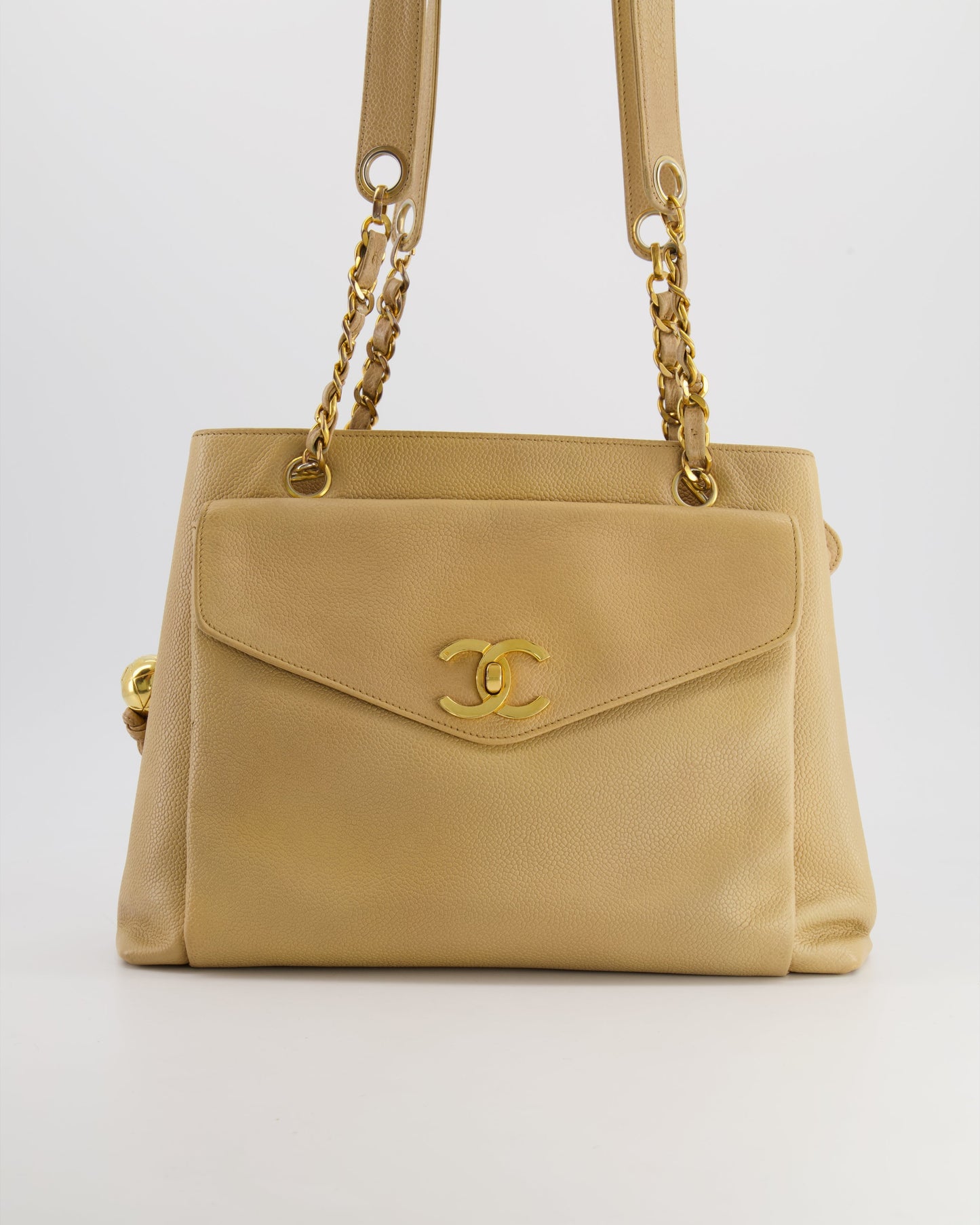 Chanel Vintage Beige Caviar CC Logo Tote Bag with 24k Gold Hardware