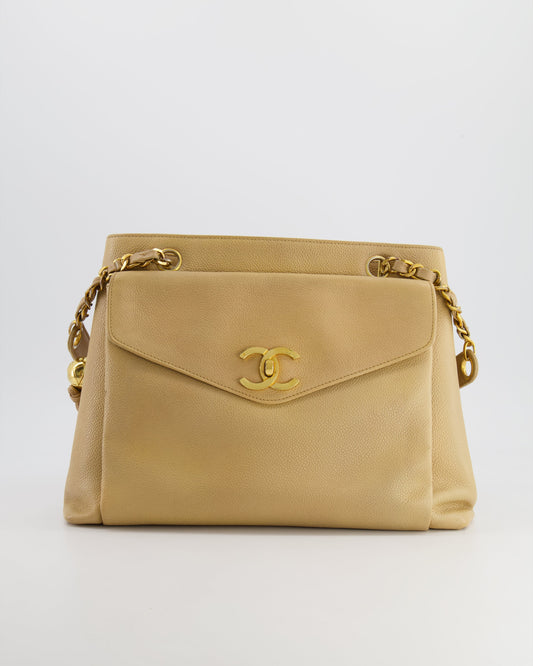 Chanel Vintage Beige Caviar CC Logo Tote Bag with 24k Gold Hardware