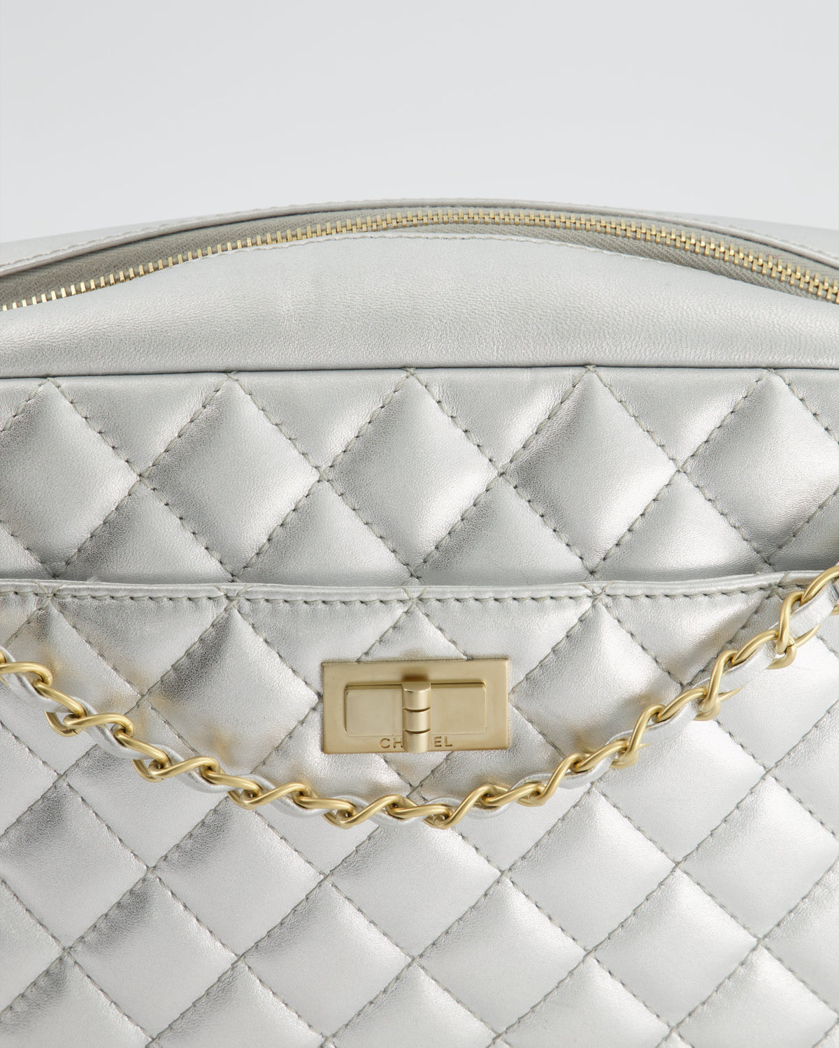 Chanel Metallic Silver Camera Bag in Lambskin With Brushed Gold Hardware