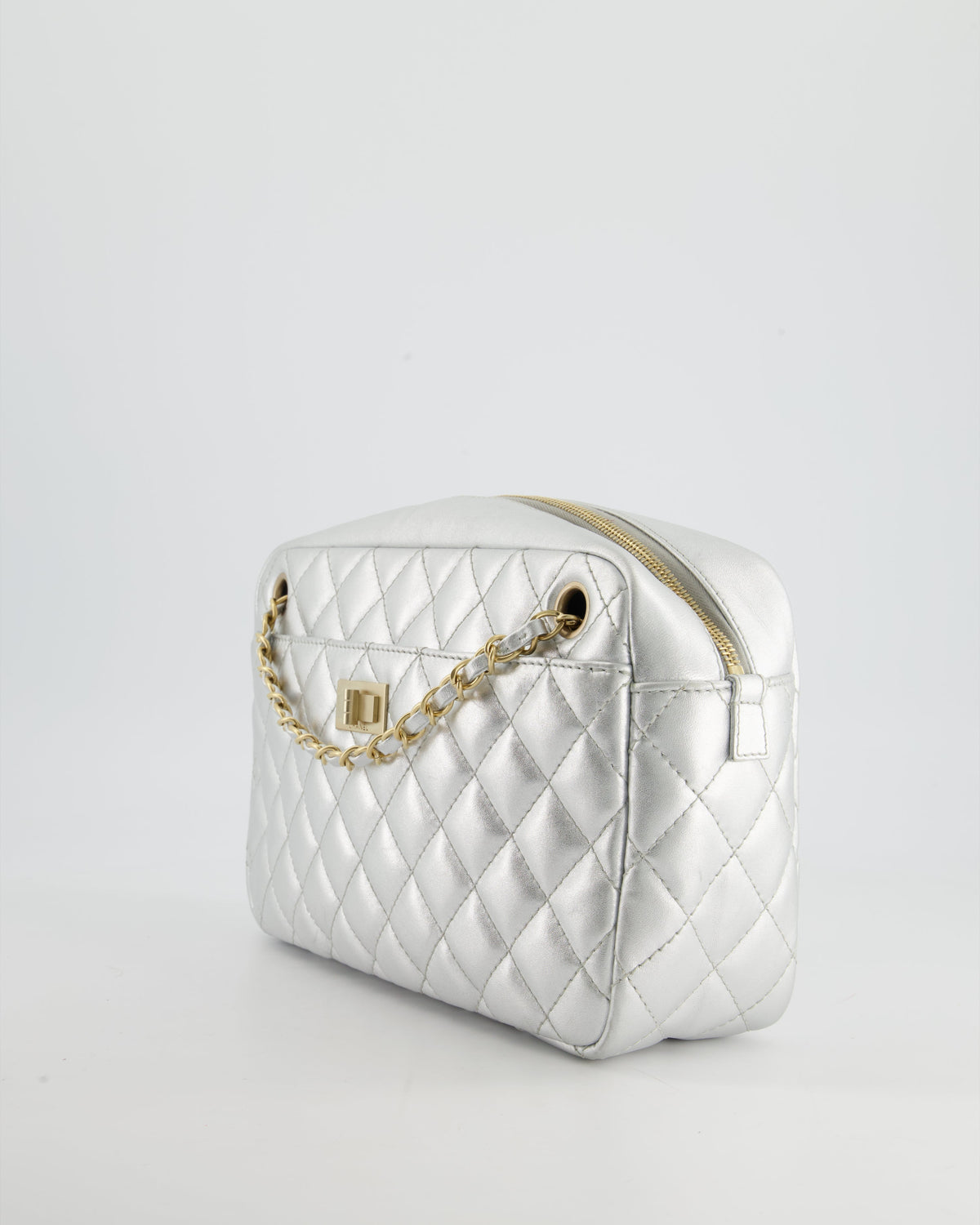Chanel Metallic Silver Camera Bag in Lambskin With Brushed Gold Hardware