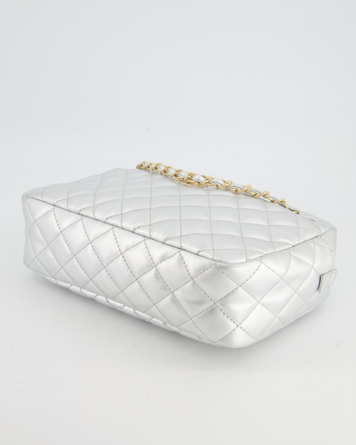 Chanel Metallic Silver Camera Bag in Lambskin With Brushed Gold Hardware