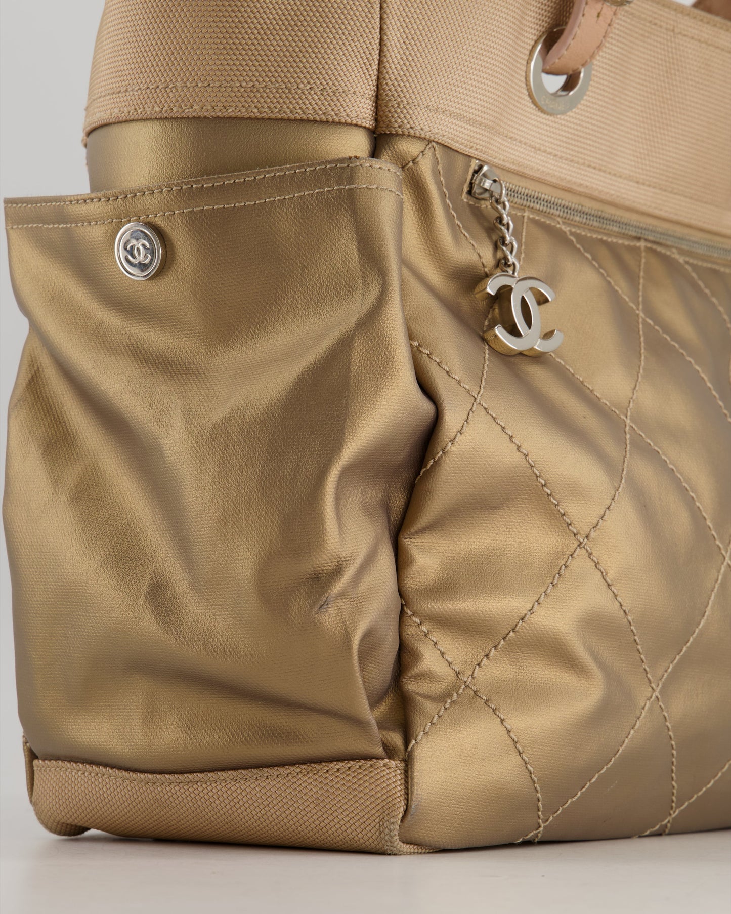 Chanel Vintage Bronze Canvas Shopper Tote Bag with Silver Hardware