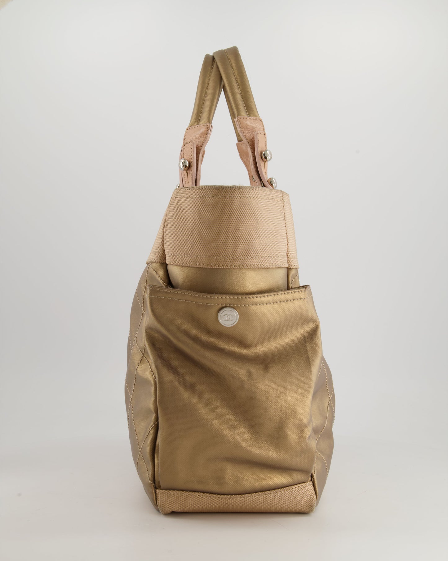 Chanel Vintage Bronze Canvas Shopper Tote Bag with Silver Hardware