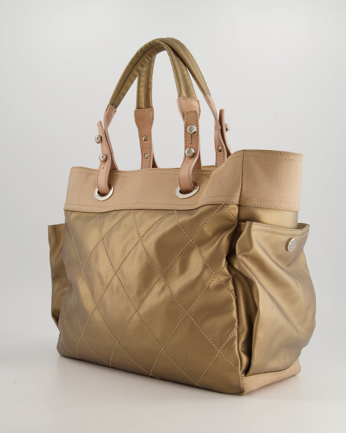 Chanel Vintage Bronze Canvas Shopper Tote Bag with Silver Hardware