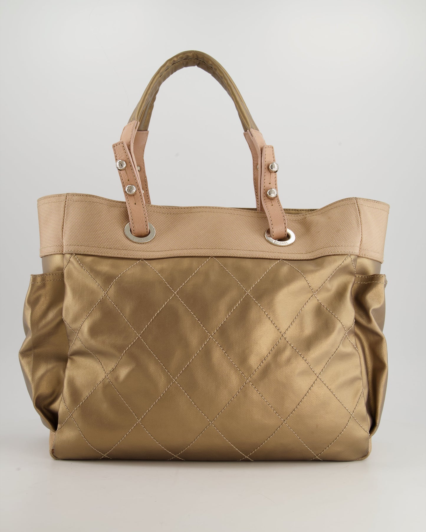 Chanel Vintage Bronze Canvas Shopper Tote Bag with Silver Hardware