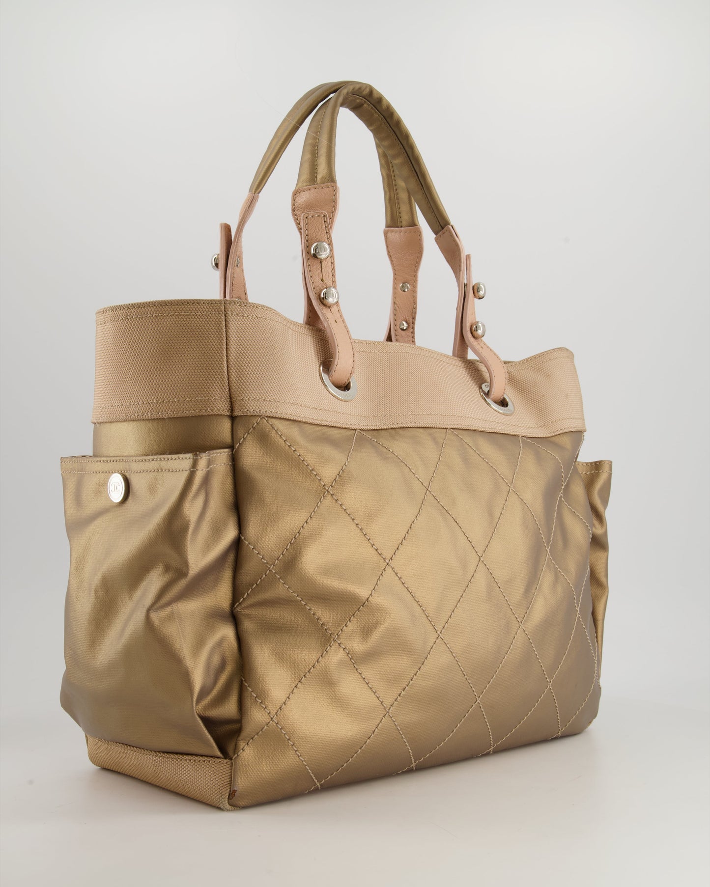 Chanel Vintage Bronze Canvas Shopper Tote Bag with Silver Hardware