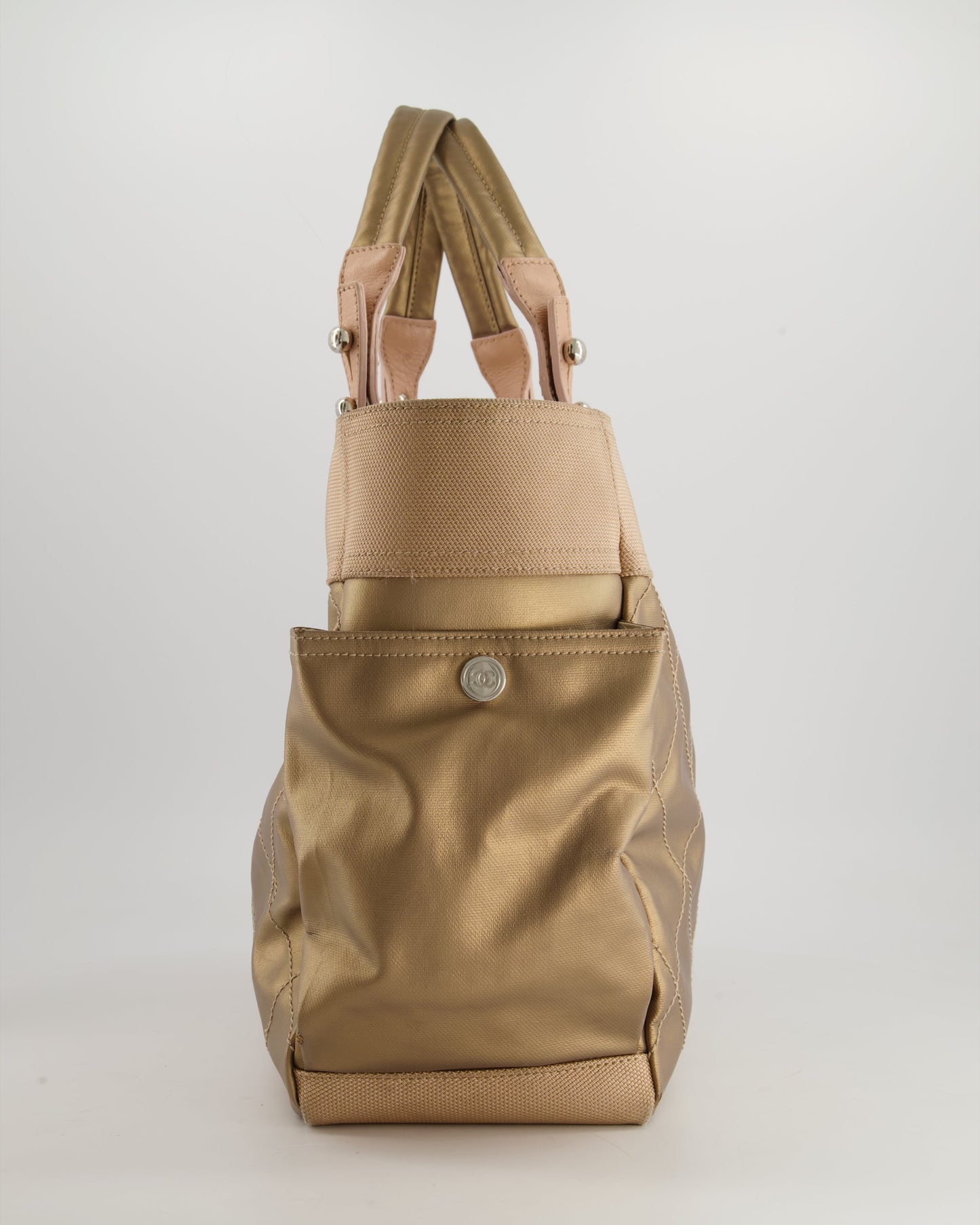 Chanel Vintage Bronze Canvas Shopper Tote Bag with Silver Hardware