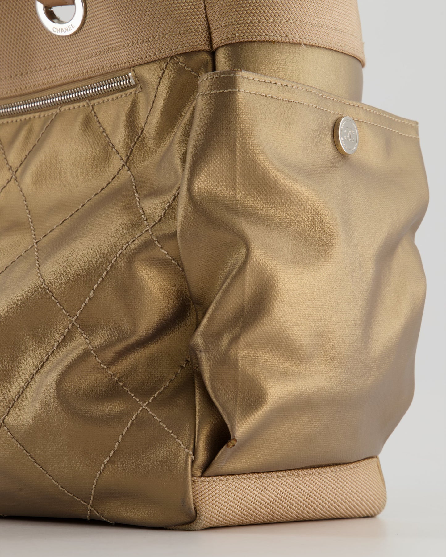 Chanel Vintage Bronze Canvas Shopper Tote Bag with Silver Hardware