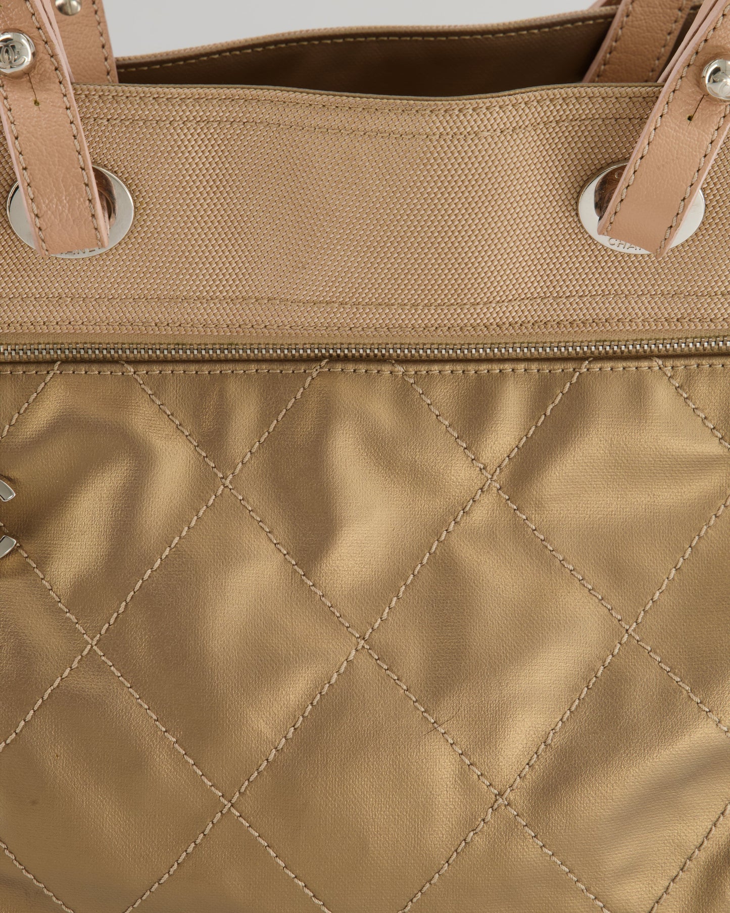 Chanel Vintage Bronze Canvas Shopper Tote Bag with Silver Hardware