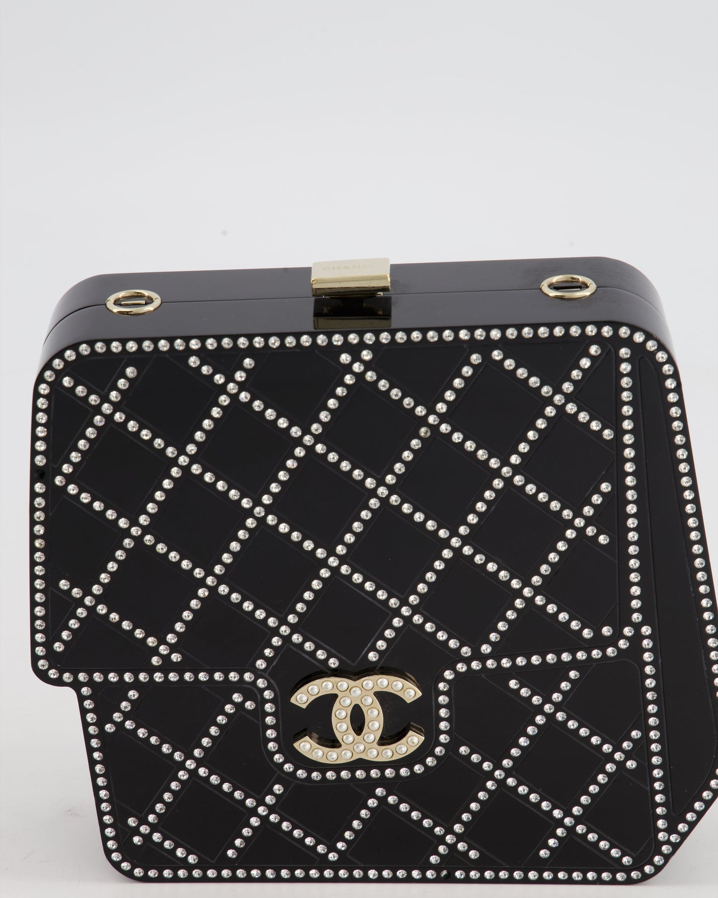 *COLLECTORS ITEM* Chanel Black Acrylic Crossbody Box Bag with Crystal with Pearl Embellishment and Champagne Gold Hardware