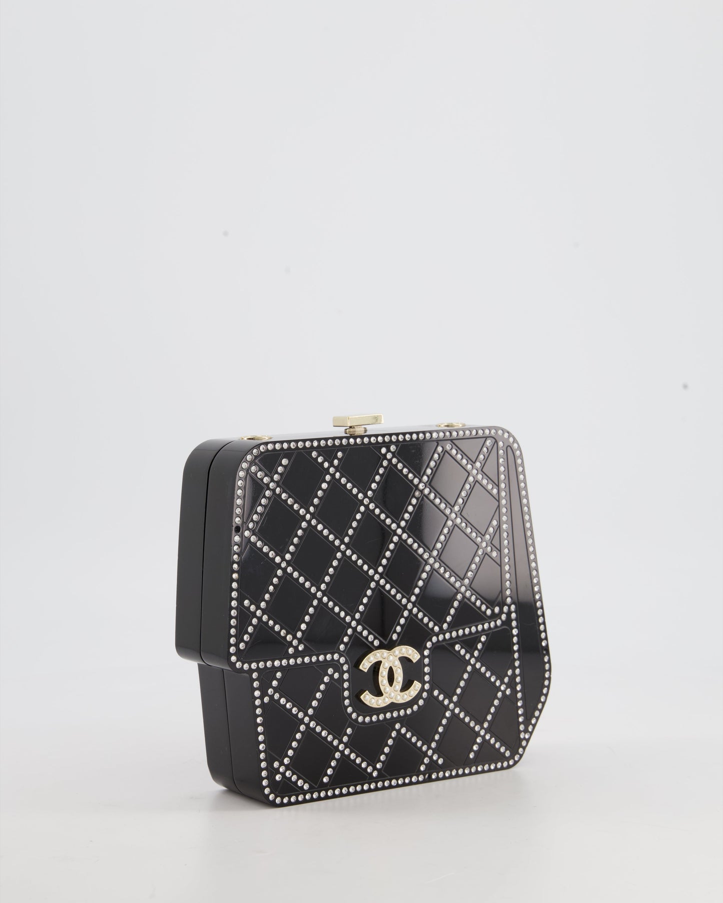 *COLLECTORS ITEM* Chanel Black Acrylic Crossbody Box Bag with Crystal with Pearl Embellishment and Champagne Gold Hardware