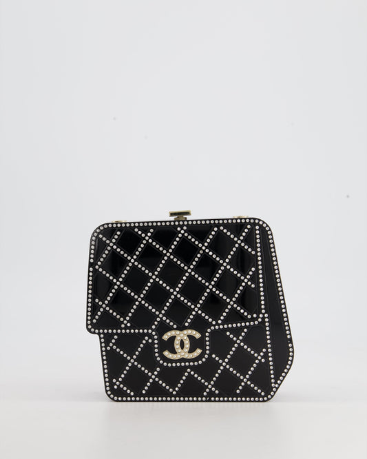 *COLLECTORS ITEM* Chanel Black Acrylic Crossbody Box Bag with Crystal with Pearl Embellishment and Champagne Gold Hardware