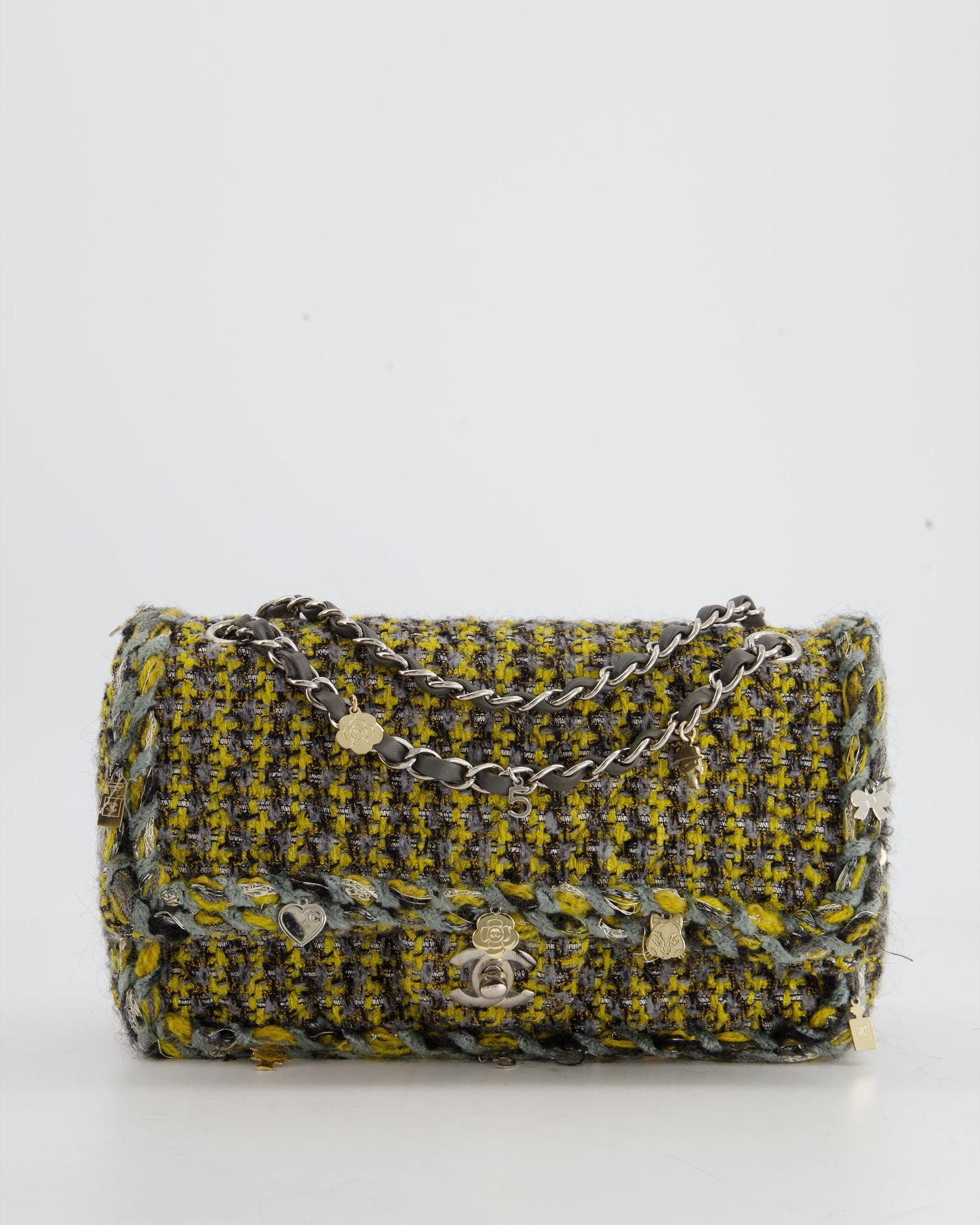 Chanel Grey, Yellow and Black Tweed Medium Classic Double Flap Bag with Silver Hardware and Champagne Charms RRP - £8,530