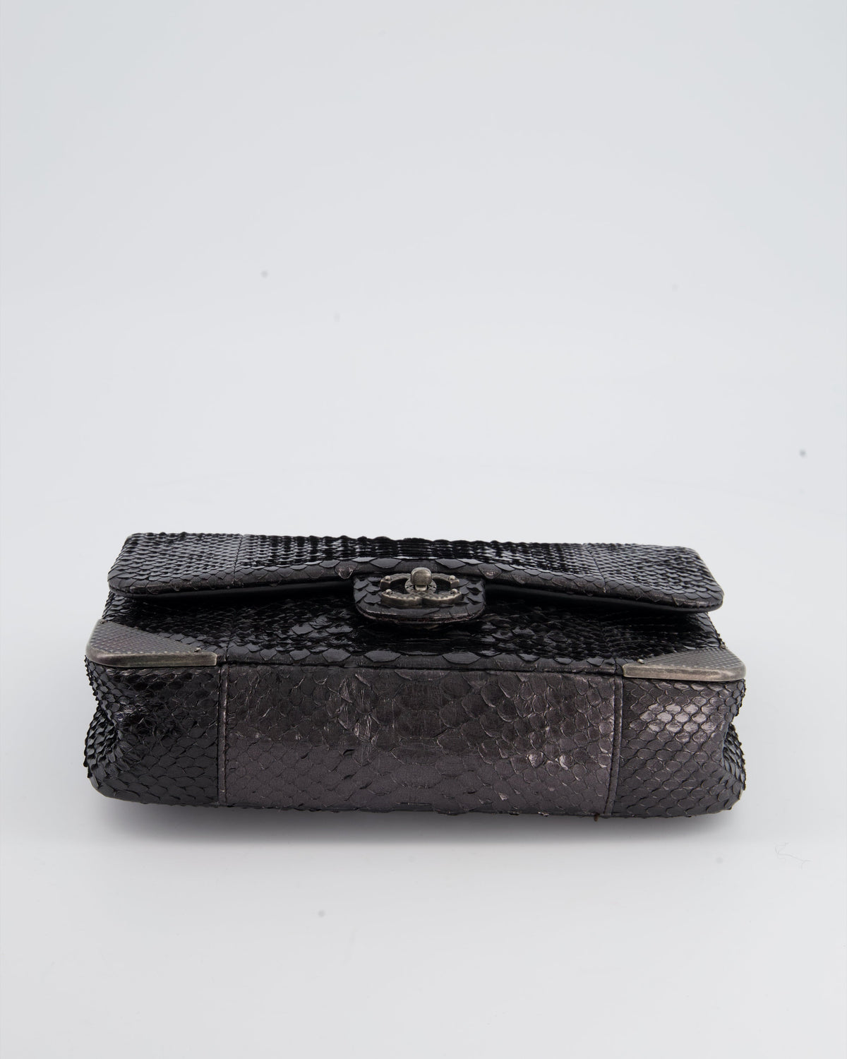Chanel Metallic Black Python Small Single Flap Bag with Ruthenium Textured Hardware