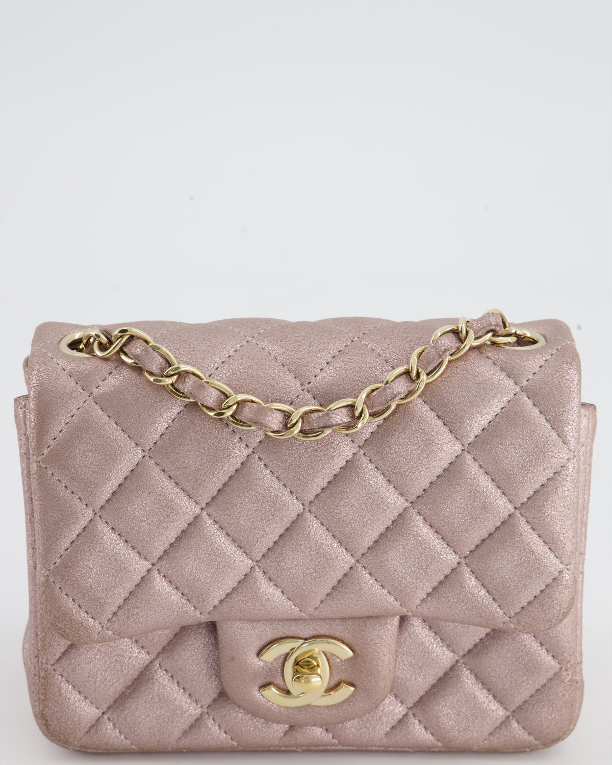Chanel Metallic Rose Gold Mini Square Flap Bag in Coated Calfskin with Champagne Gold Hardware