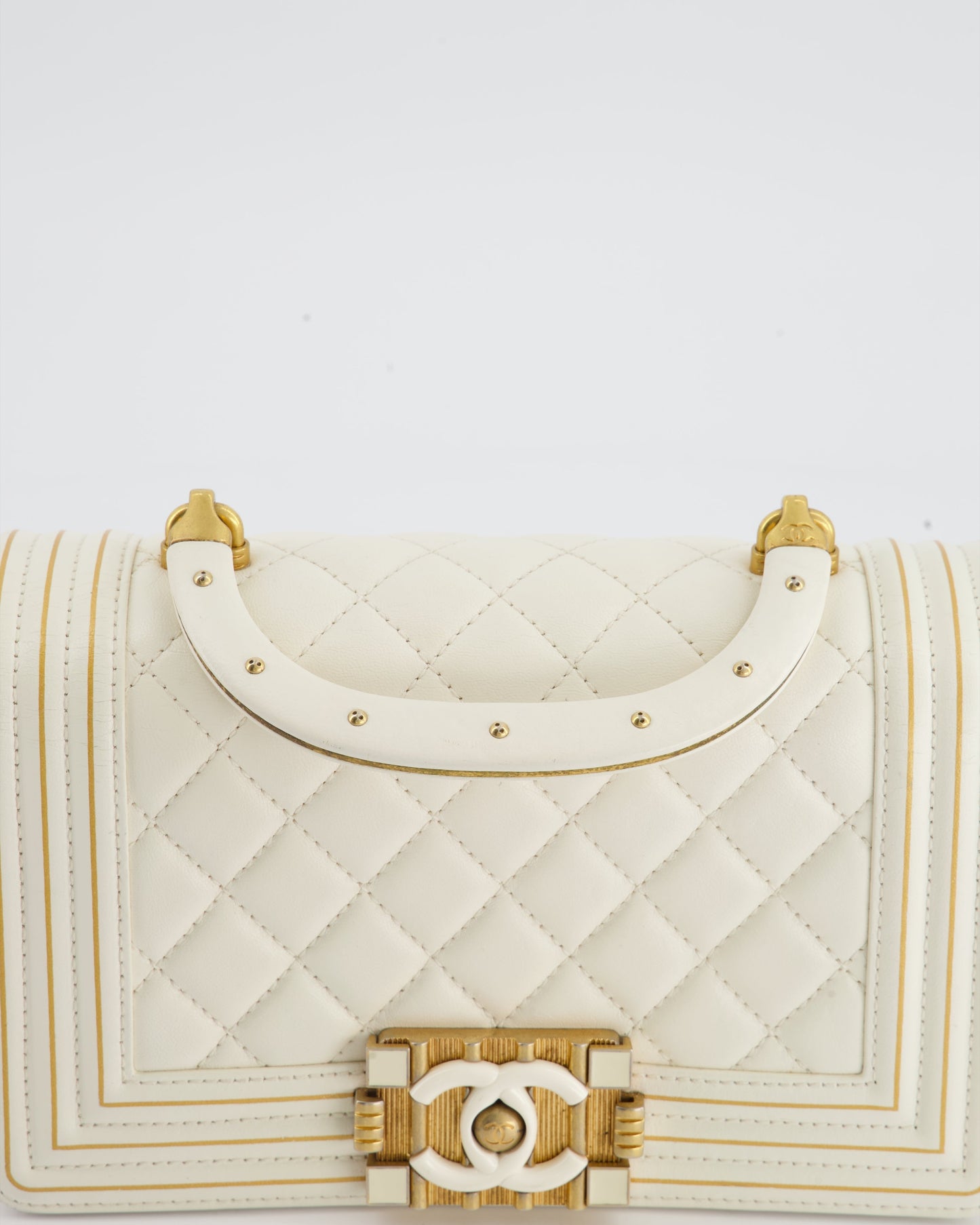 Chanel White and Gold Small Top Handle Boy Bag in Lambskin Leather with Brushed Gold Hardware