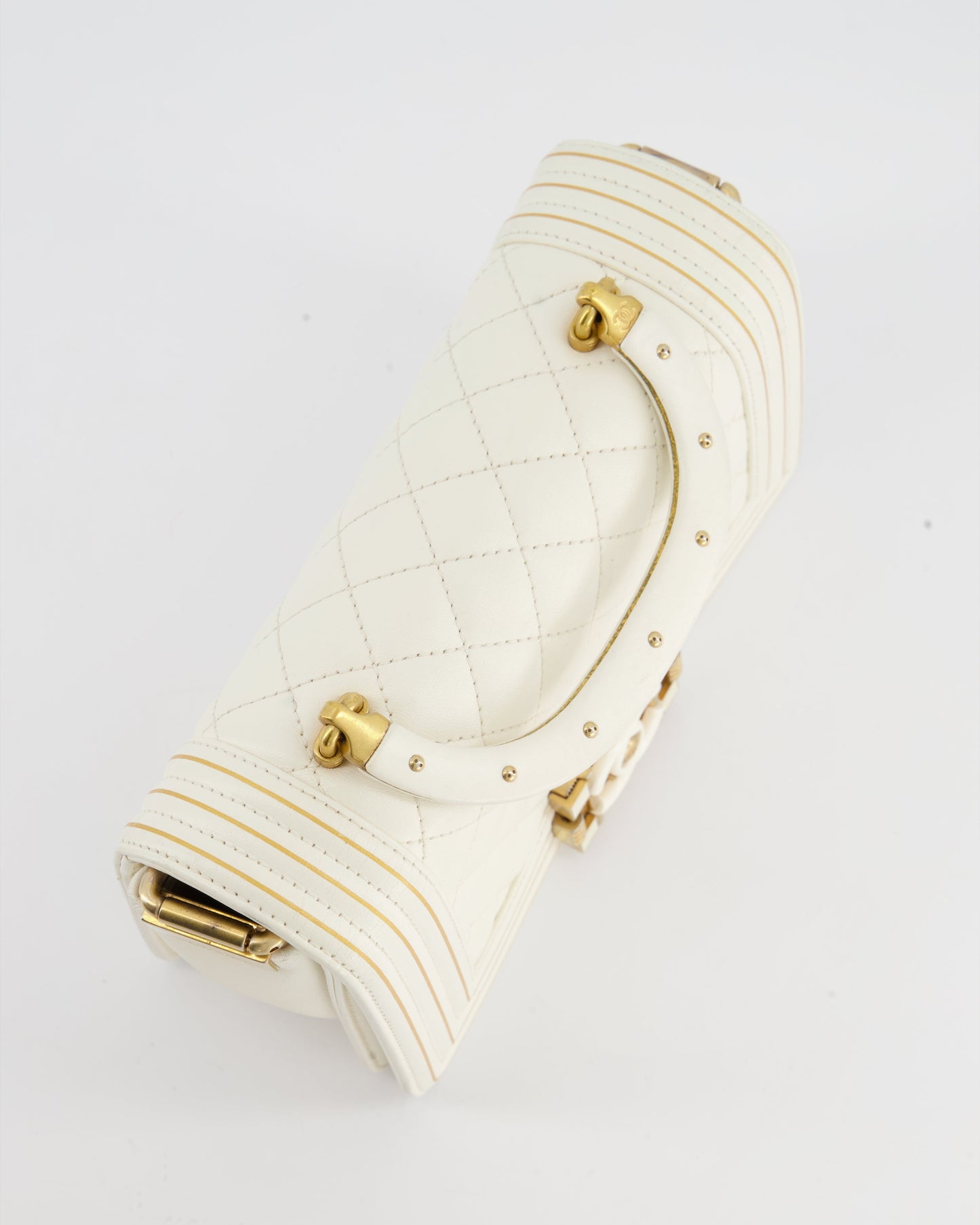 Chanel White and Gold Small Top Handle Boy Bag in Lambskin Leather with Brushed Gold Hardware
