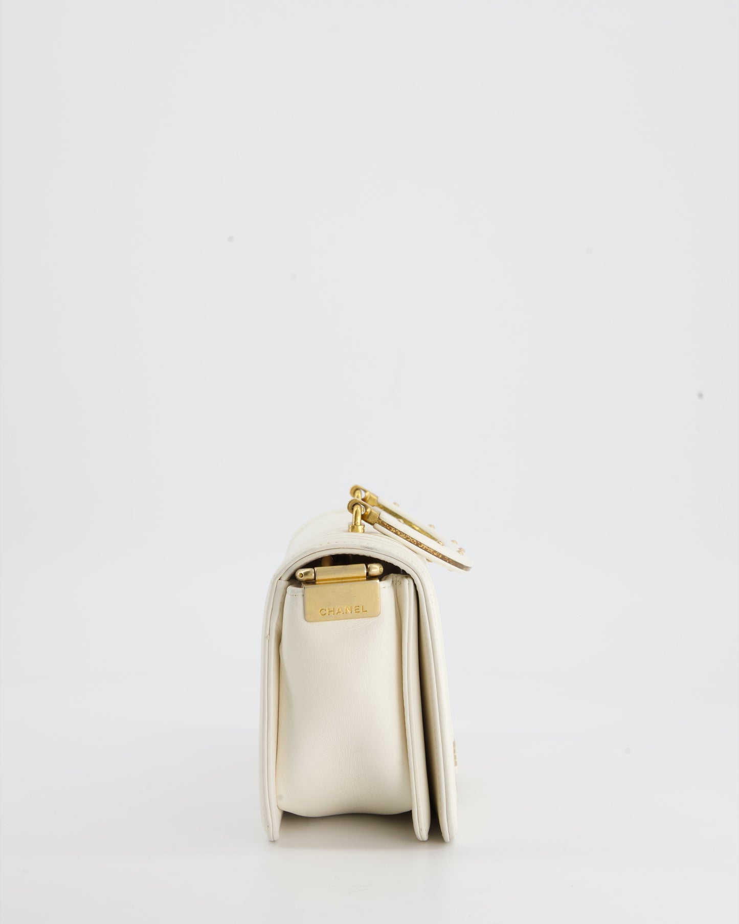 Chanel White and Gold Small Top Handle Boy Bag in Lambskin Leather with Brushed Gold Hardware