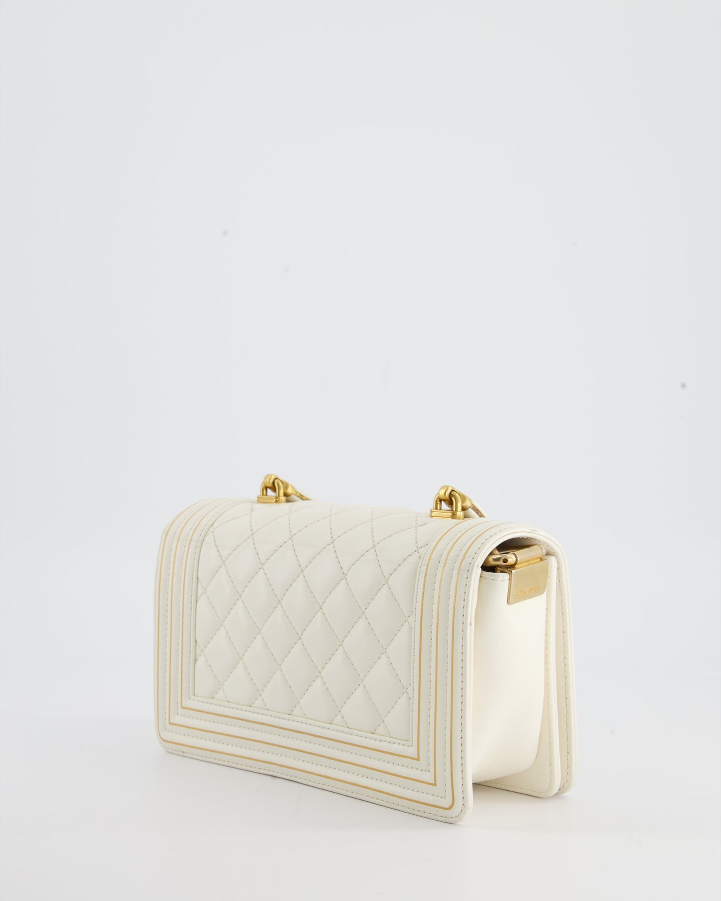 Chanel White and Gold Small Top Handle Boy Bag in Lambskin Leather with Brushed Gold Hardware