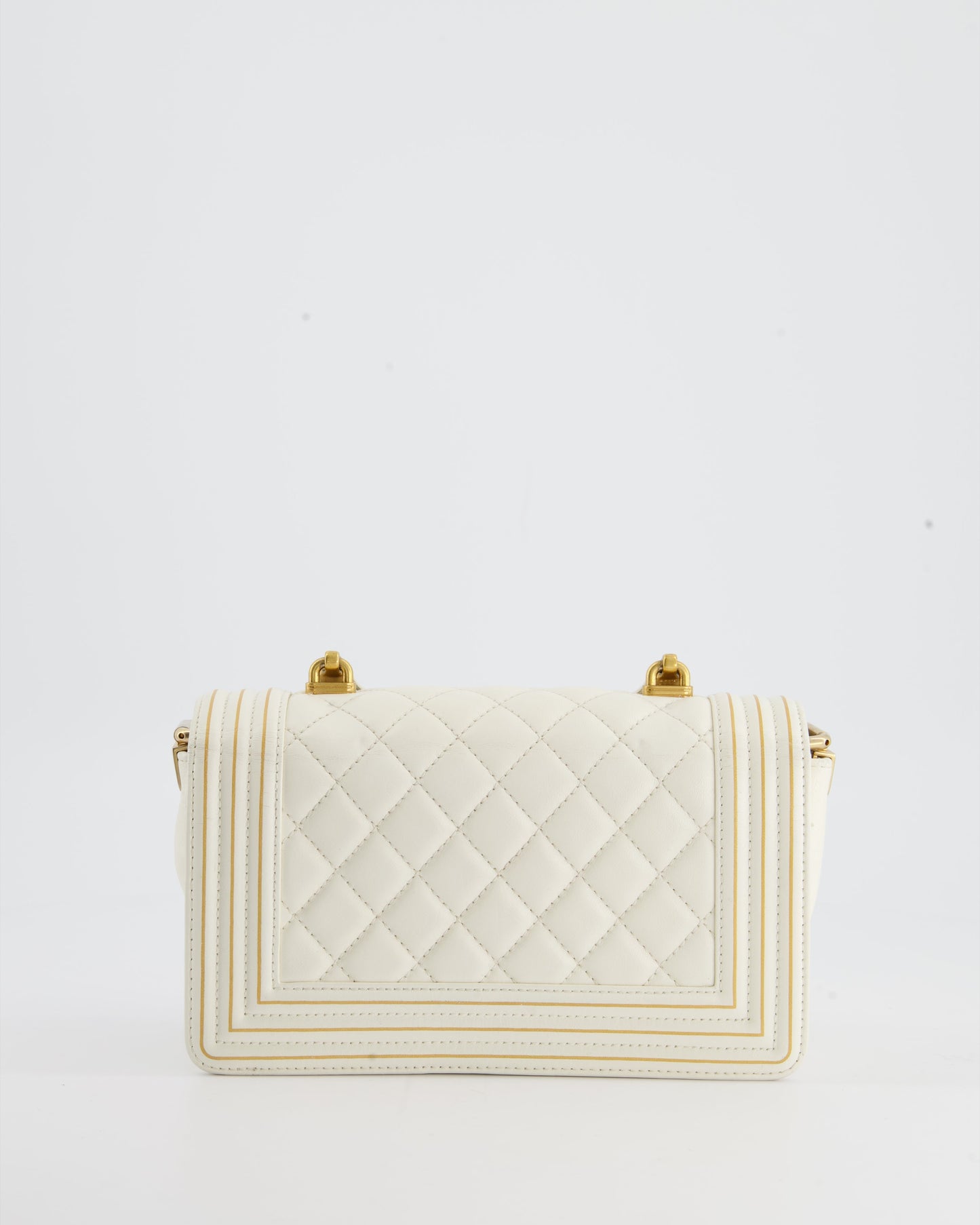 Chanel White and Gold Small Top Handle Boy Bag in Lambskin Leather with Brushed Gold Hardware
