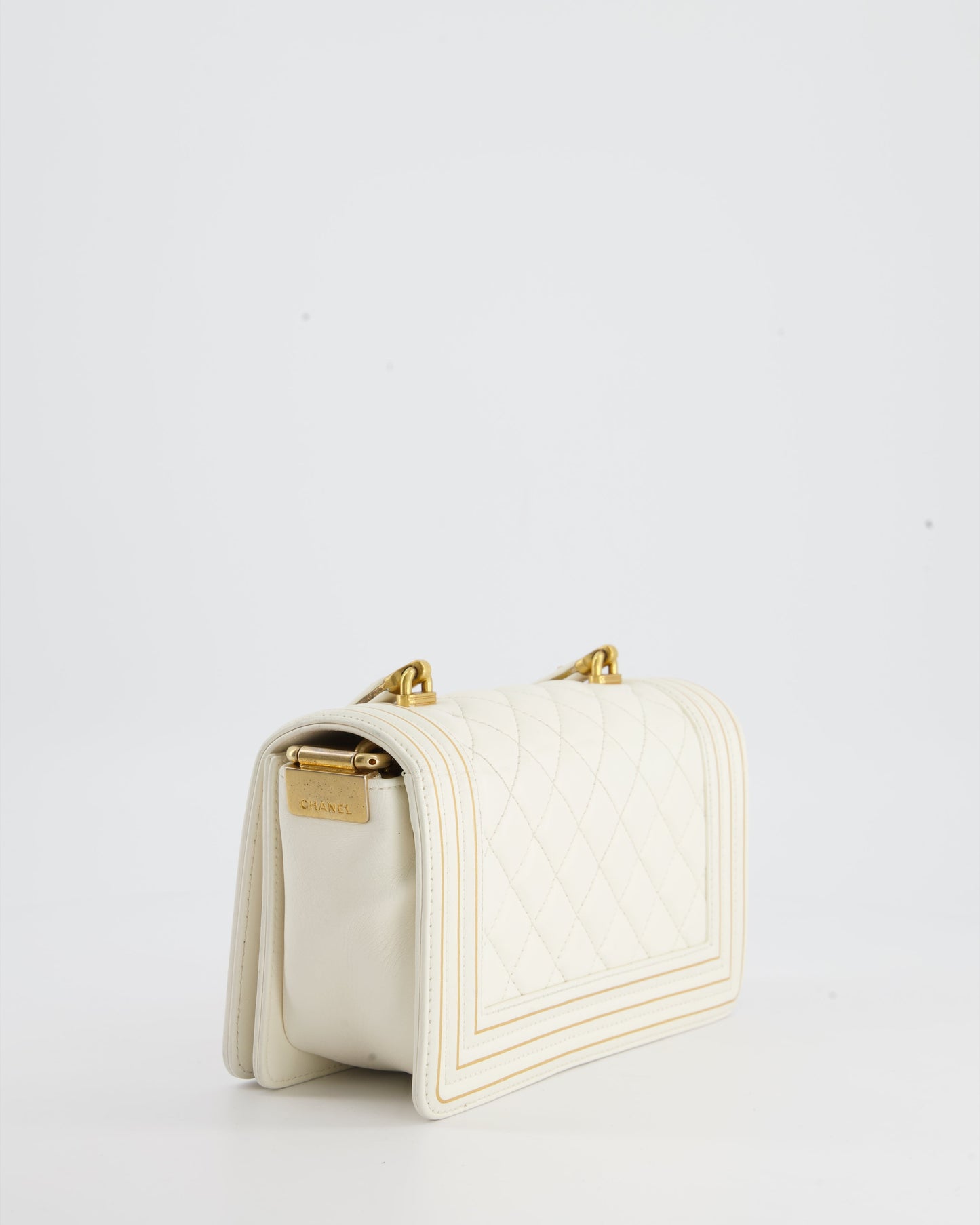 Chanel White and Gold Small Top Handle Boy Bag in Lambskin Leather with Brushed Gold Hardware