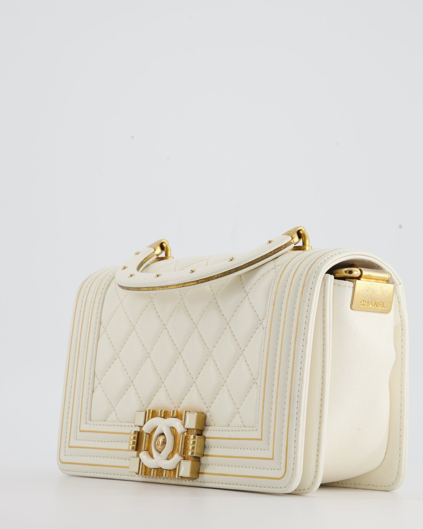 Chanel White and Gold Small Top Handle Boy Bag in Lambskin Leather with Brushed Gold Hardware