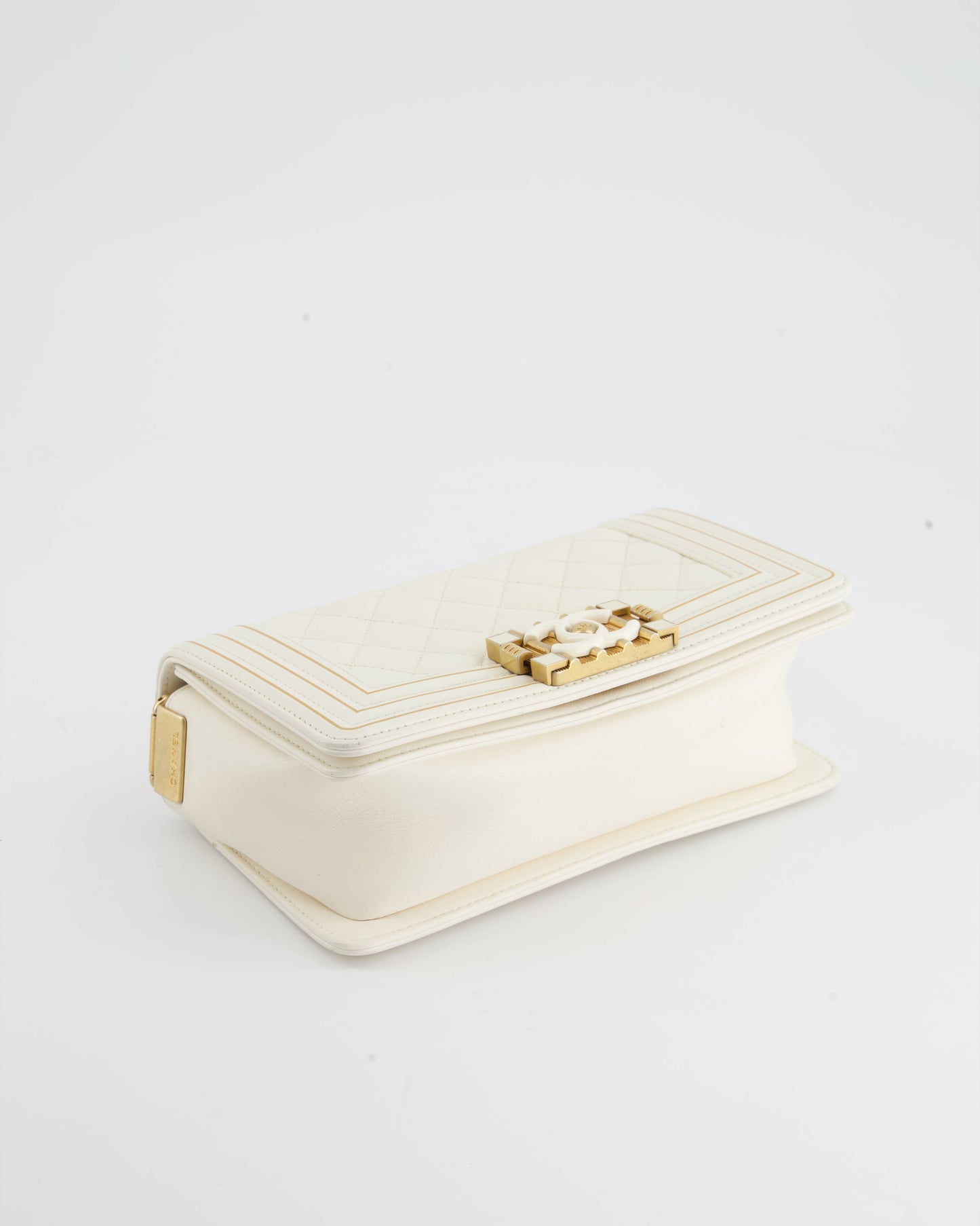 Chanel White and Gold Small Top Handle Boy Bag in Lambskin Leather with Brushed Gold Hardware