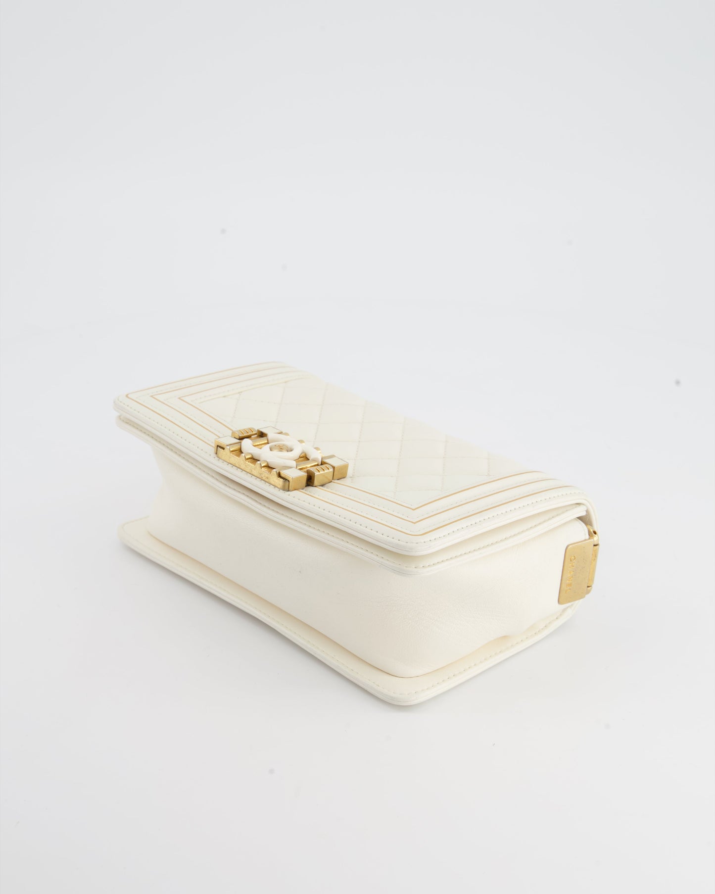 Chanel White and Gold Small Top Handle Boy Bag in Lambskin Leather with Brushed Gold Hardware