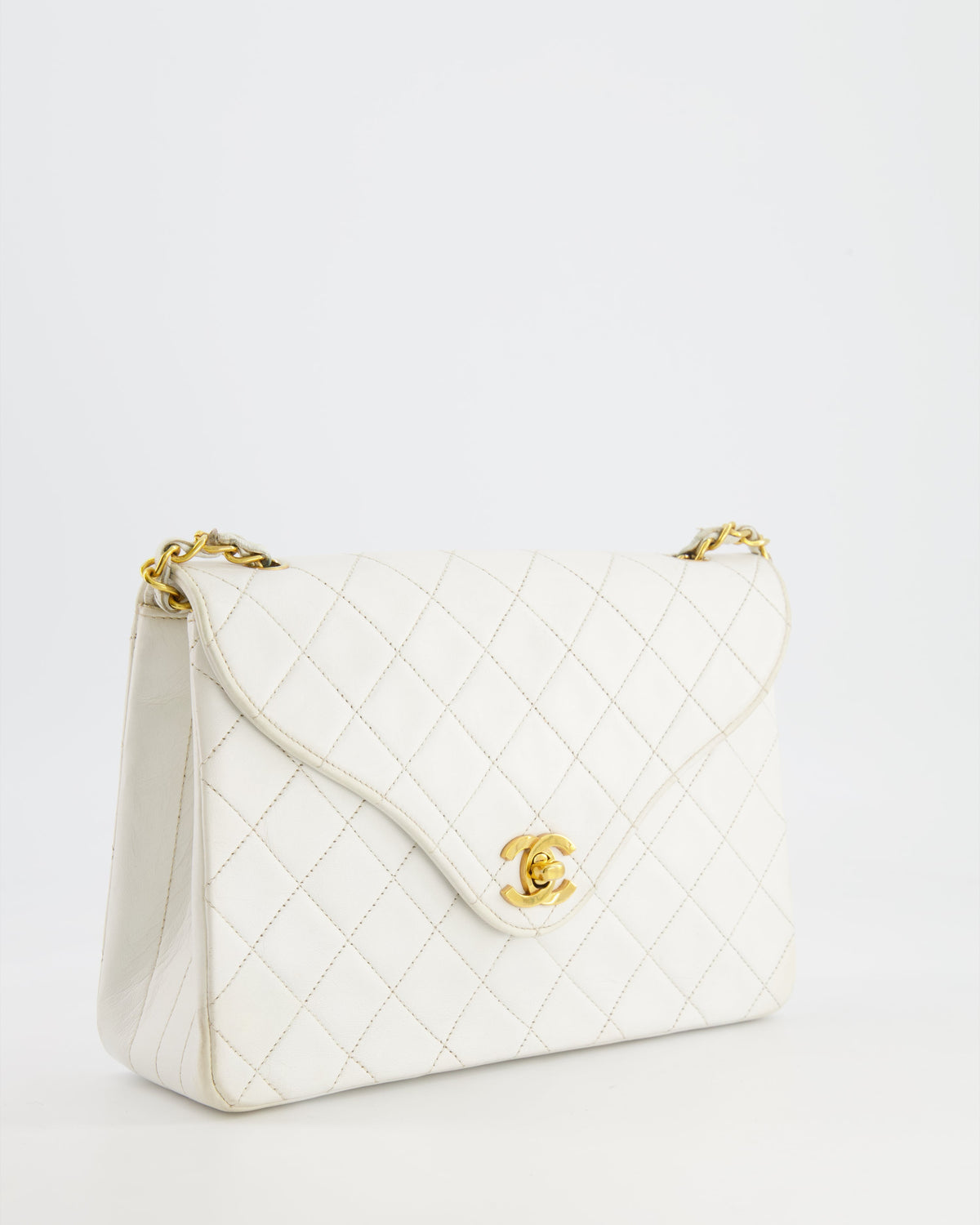 Chanel Vintage White Quilted Lambskin Single Flap Bag with 24k Gold Hardware