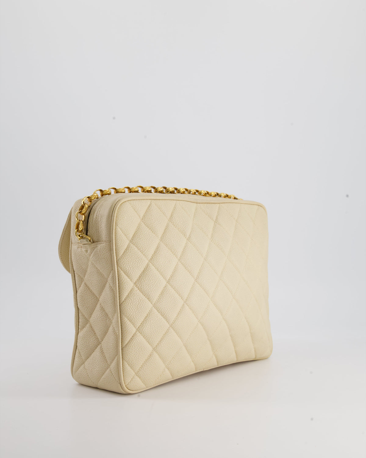 Chanel Vintage Beige Camera Flap Bag in Caviar Leather with Gold Hardware