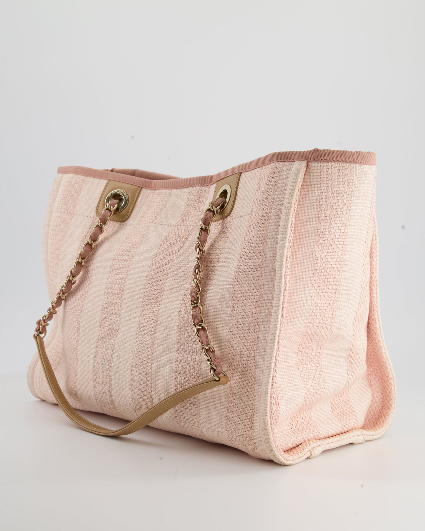 Chanel Small Pink Stripe Canvas Deauville Tote Bag with Logo Print and Champagne Gold Hardware